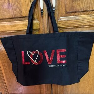 Victoria secret large tote 26” x 15” NWT $58 black canvas bag with pink sequins